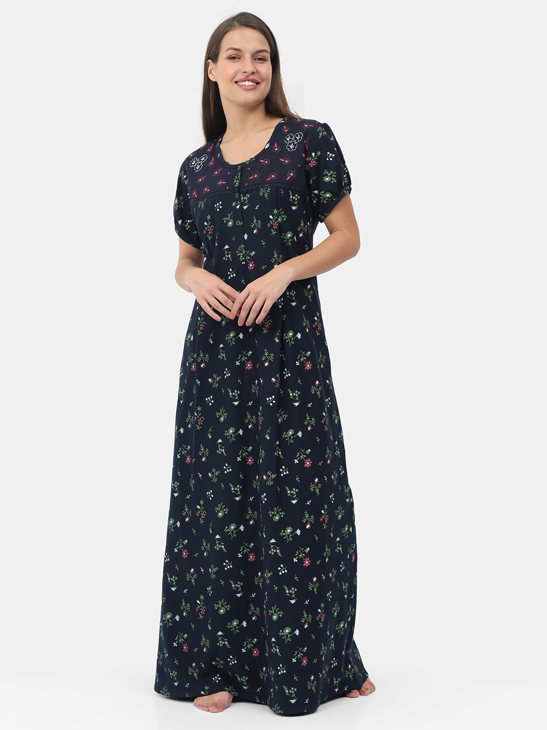 

9shines Label Navy Blue Printed Pure Cotton Maxi Nightdress