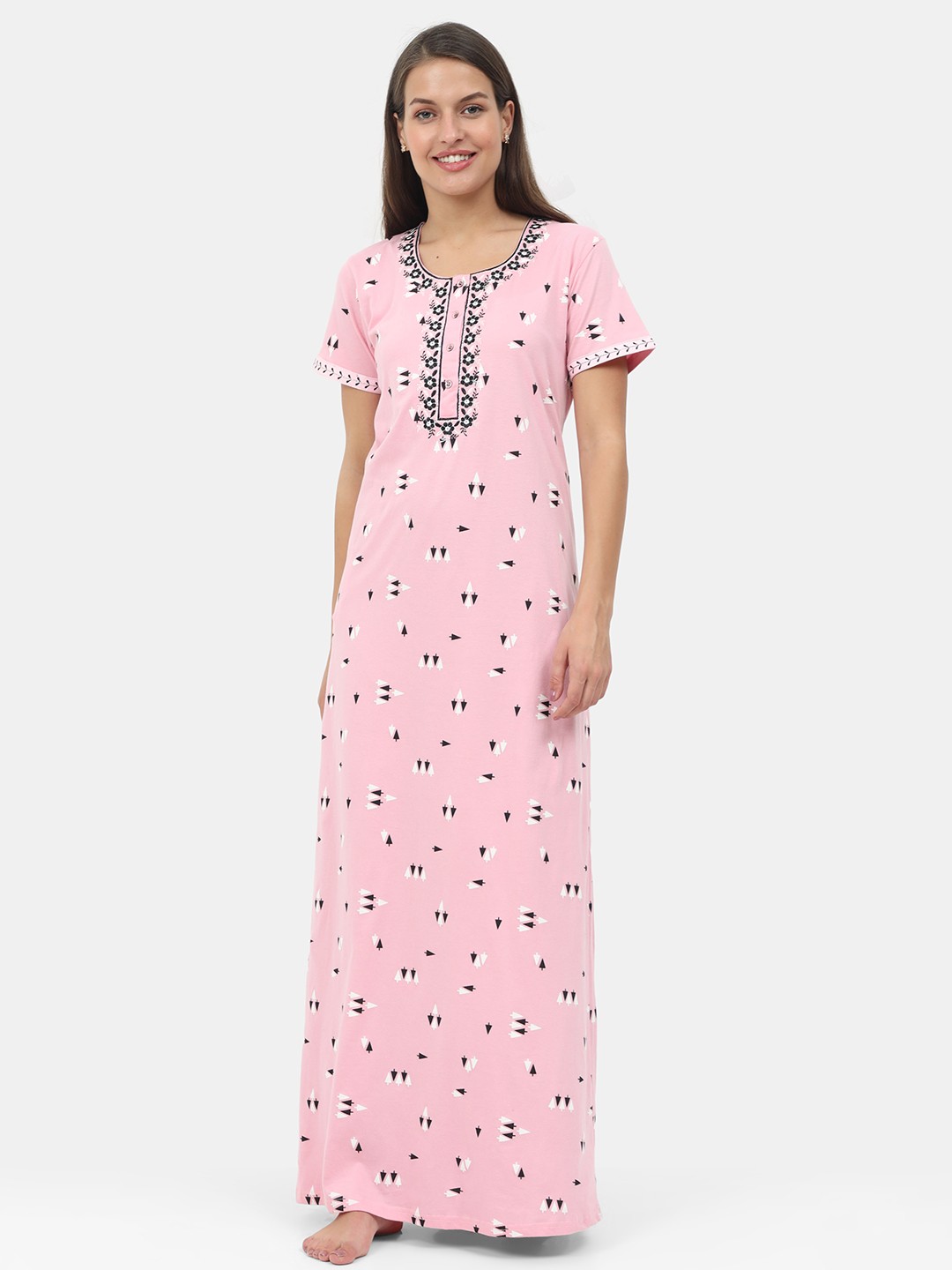 

9shines Label Pink Printed Pure Cotton Maxi Nightdress