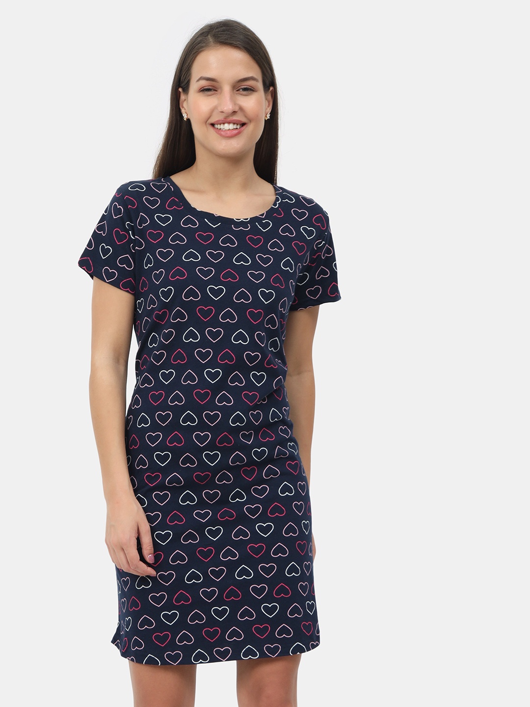 

9shines Label Navy Blue Printed Pure Cotton T-shirt Nightdress