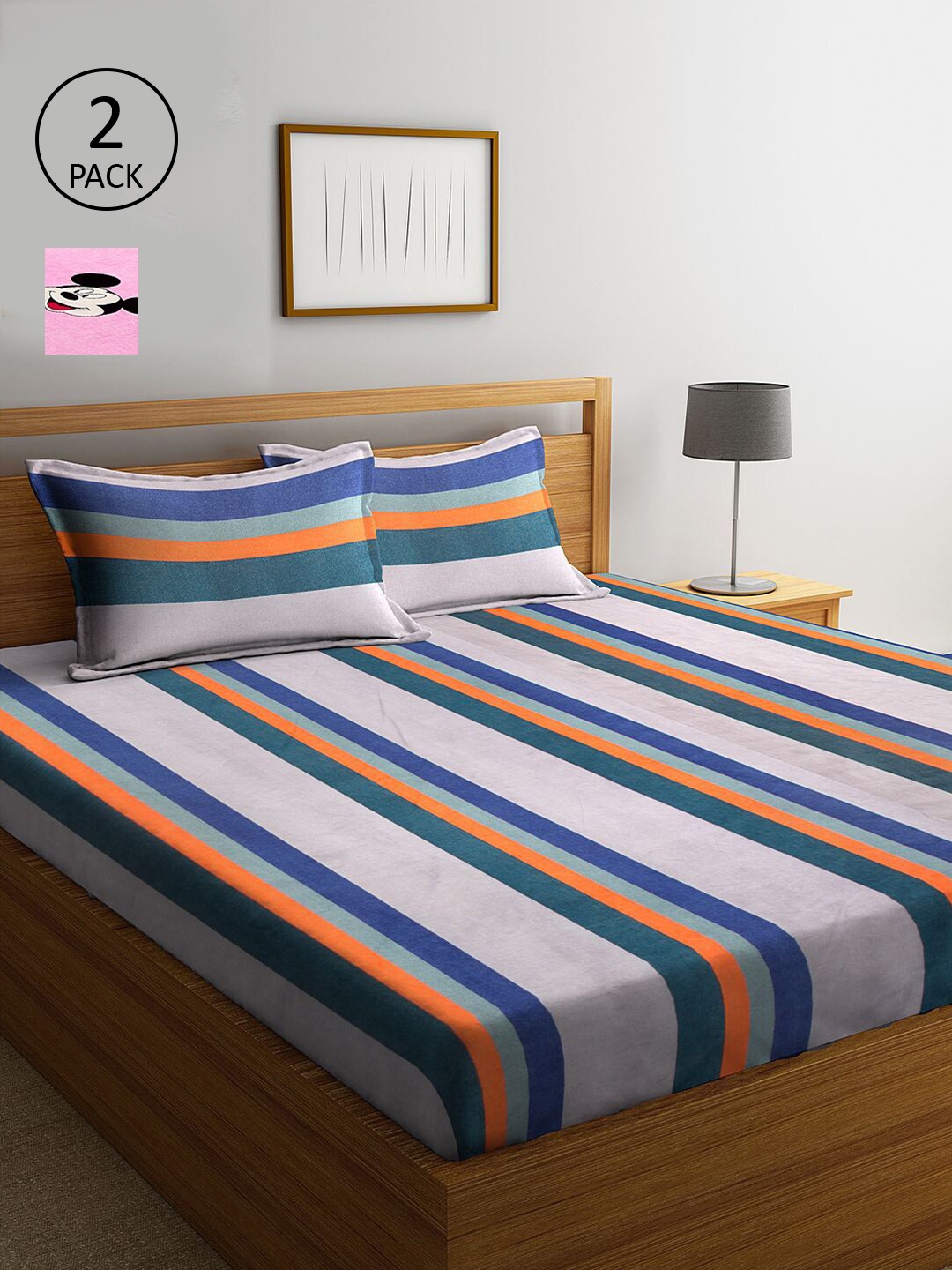 

KLOTTHE Pink & Blue Striped 210 TC 2 King Bedsheet with 4 Pillow Covers