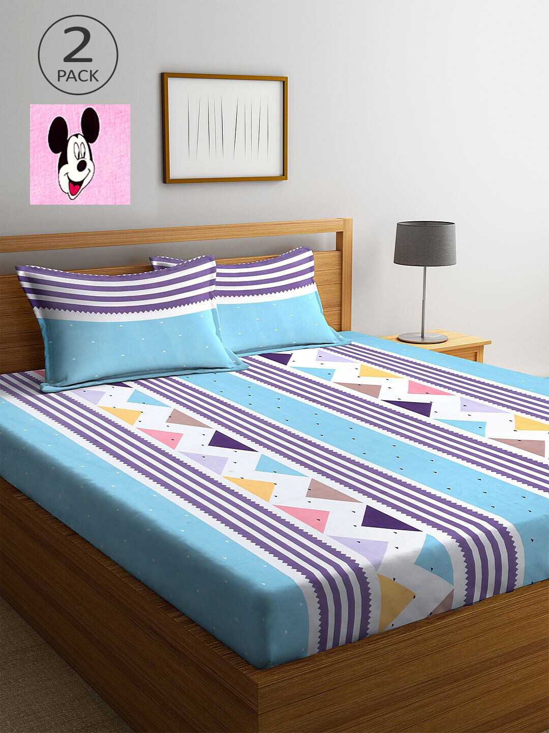 

KLOTTHE Blue & Pink Geometric 210 TC Set of 2 King Bedsheet with 4 Pillow Covers