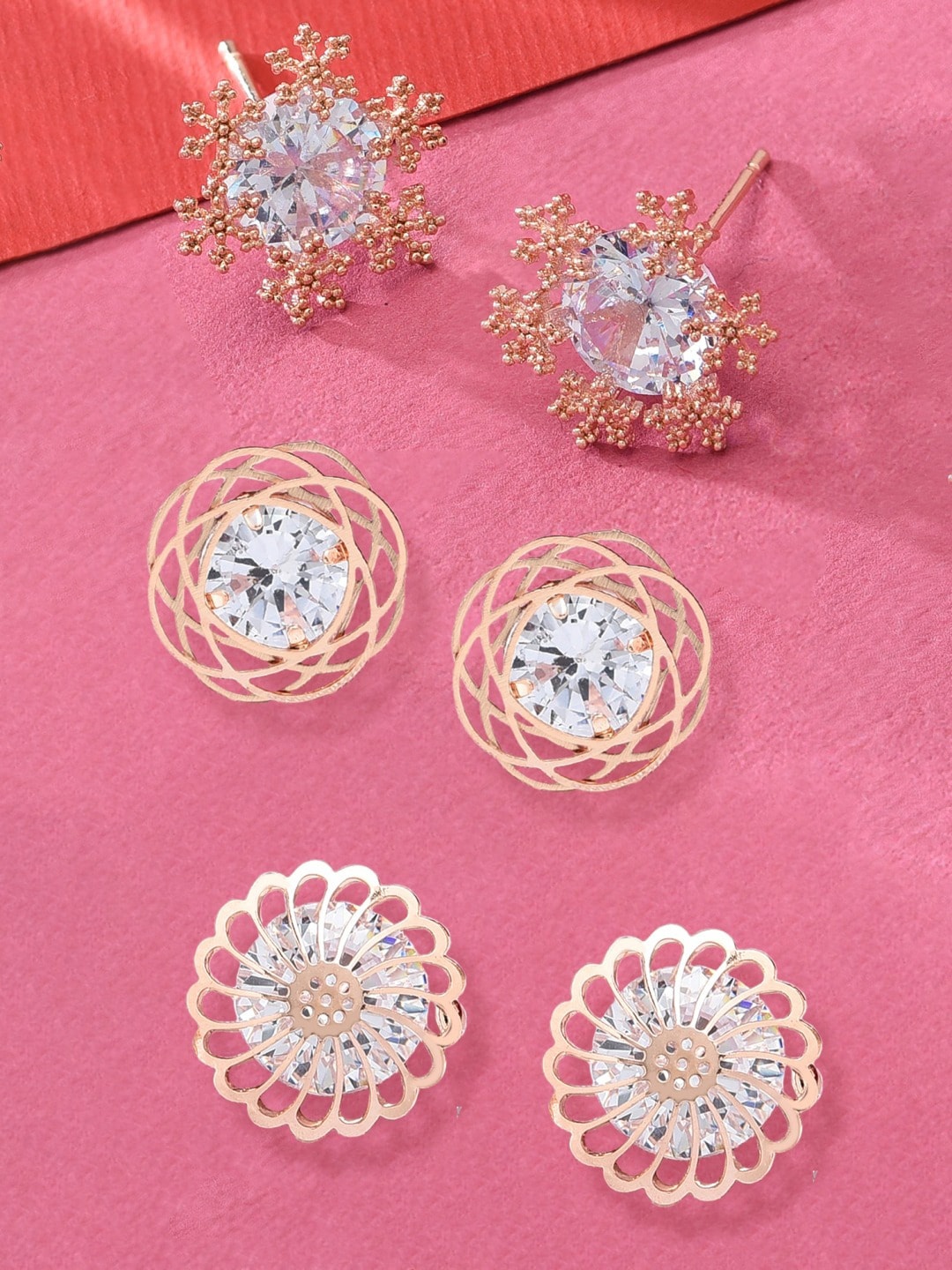 

Zaveri Pearls Set of 3 Rose Gold-Plated Studs