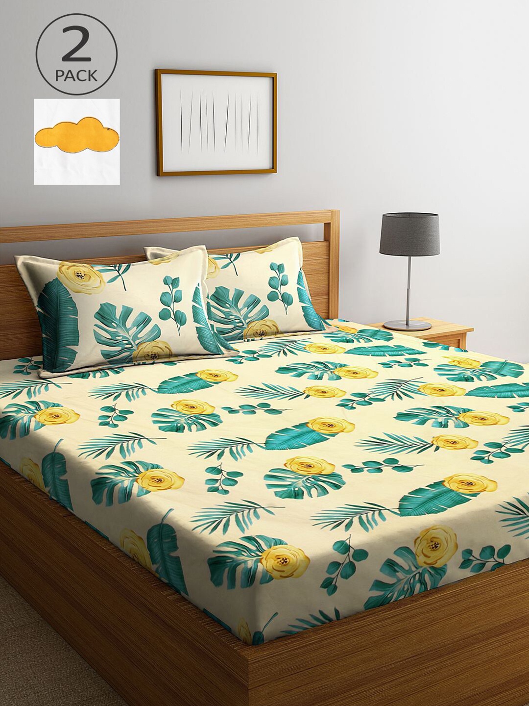 

KLOTTHE Yellow & White Floral 210 TC 2 King Bedsheet with 4 Pillow Covers