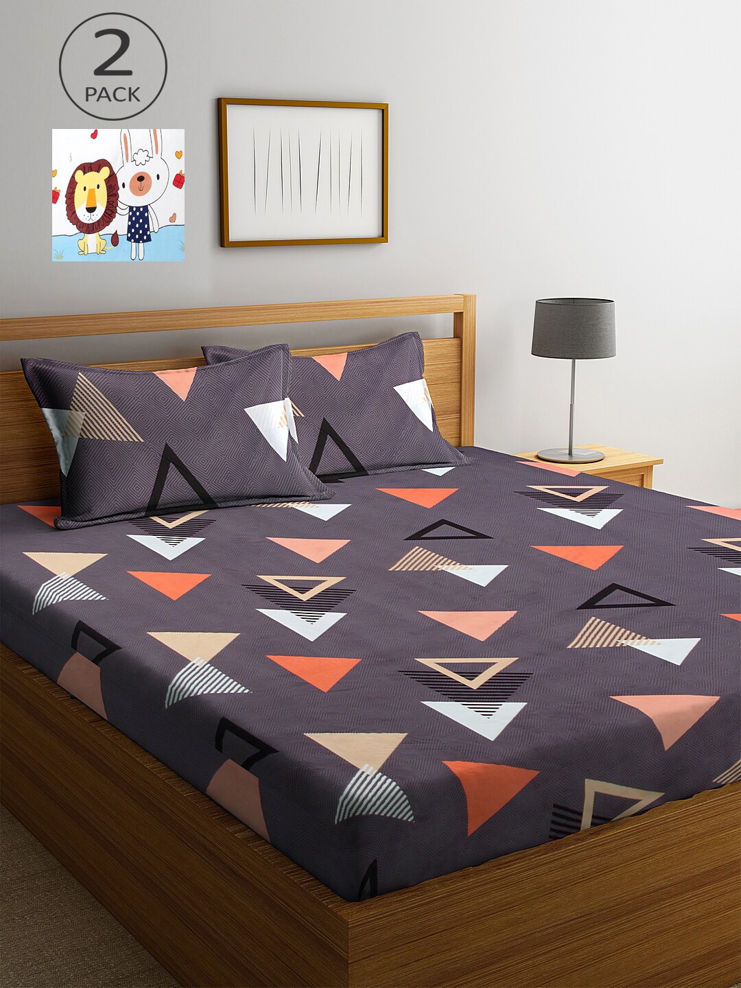 

KLOTTHE Pack of 2 Grey & White Geometric 300 TC King Bedsheet with 4 Pillow Covers