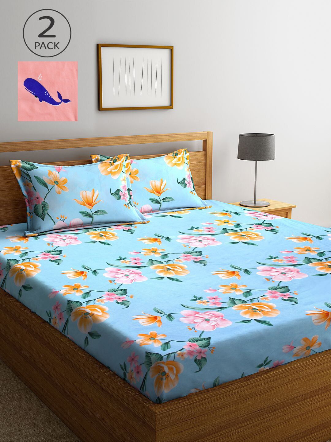 

KLOTTHE Set Of 2 Blue & Pink Floral 210 TC King Bedsheet with 4 Pillow Covers