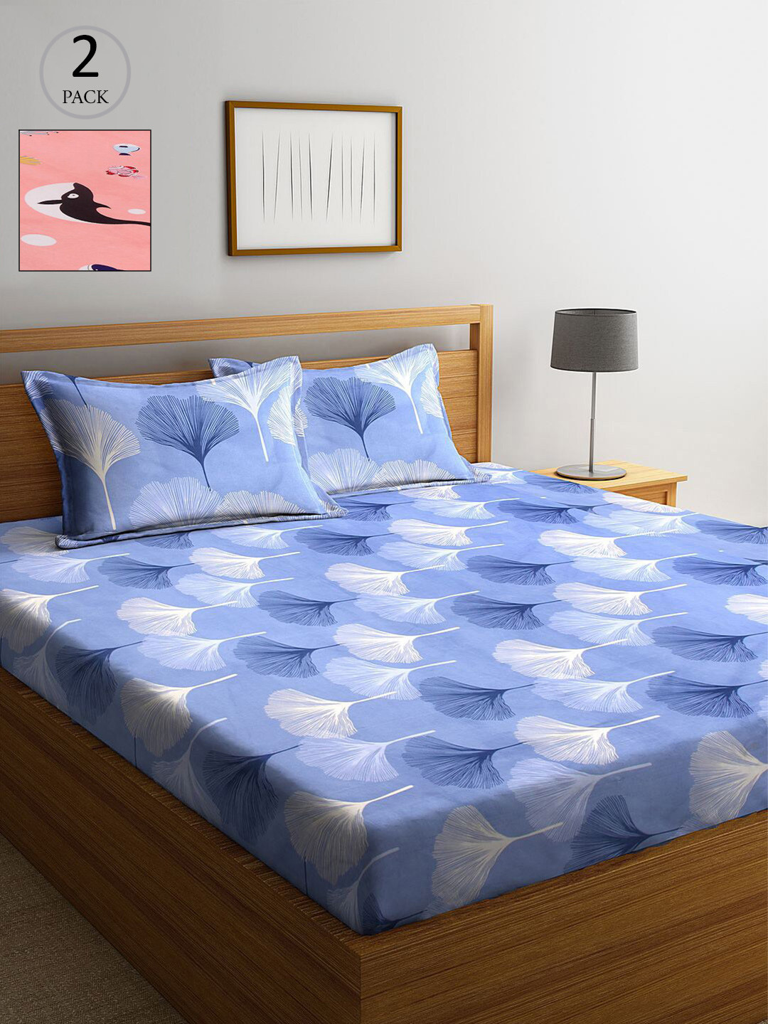 

KLOTTHE Blue & Peach-Coloured Floral 210 TC 2 King Bedsheet with 4 Pillow Covers