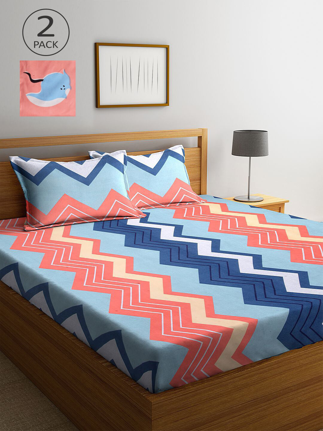 

KLOTTHE Blue & Peach-Coloured Geometric 210 TC 2 King Bedsheet with 4 Pillow Covers