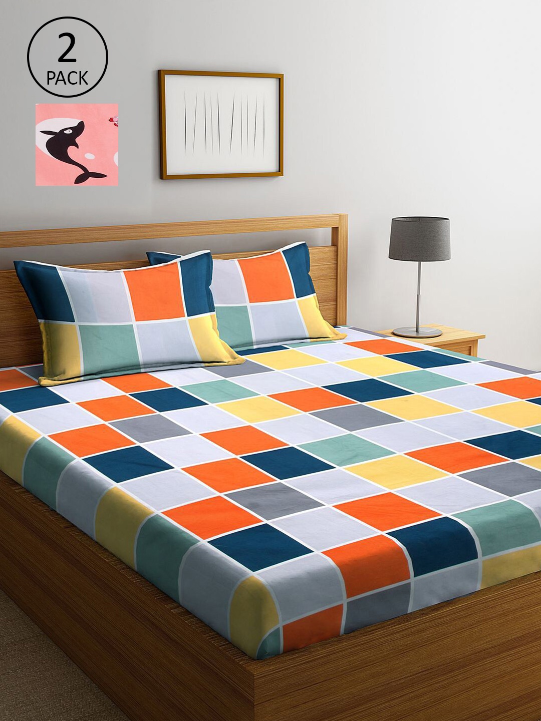 

KLOTTHE Pink & Blue Geometric 210 TC 2 King Bedsheet with 4 Pillow Covers