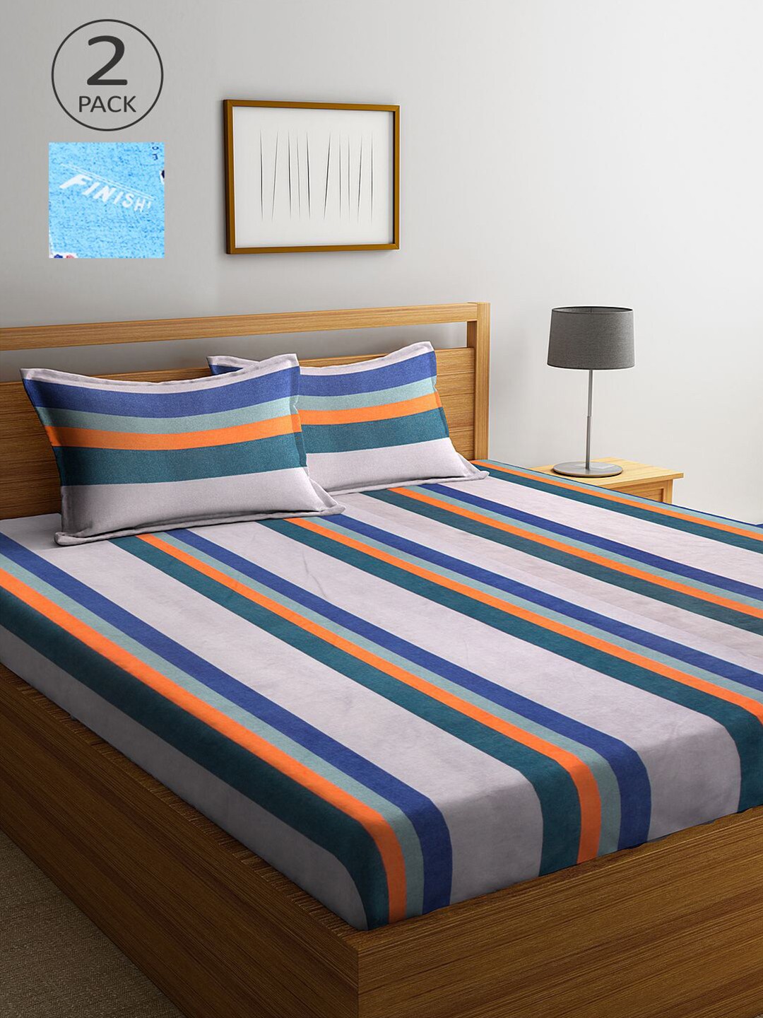 

KLOTTHE Set Of 2 Grey & Blue Striped 210 TC King Bedsheet with 4 Pillow Covers