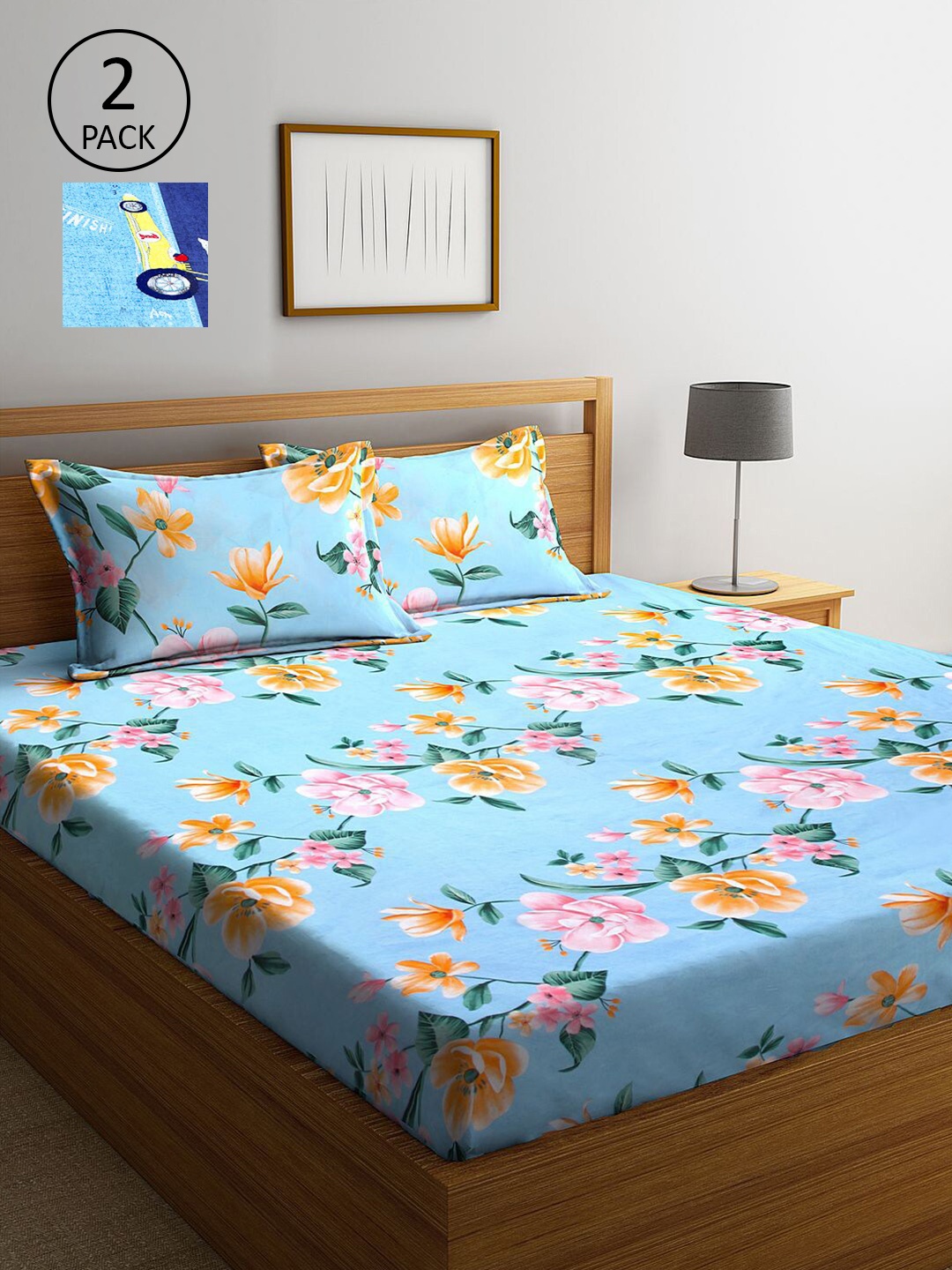 

KLOTTHE Blue & Orange Floral 210 TC 2 King Bedsheet with 4 Pillow Covers