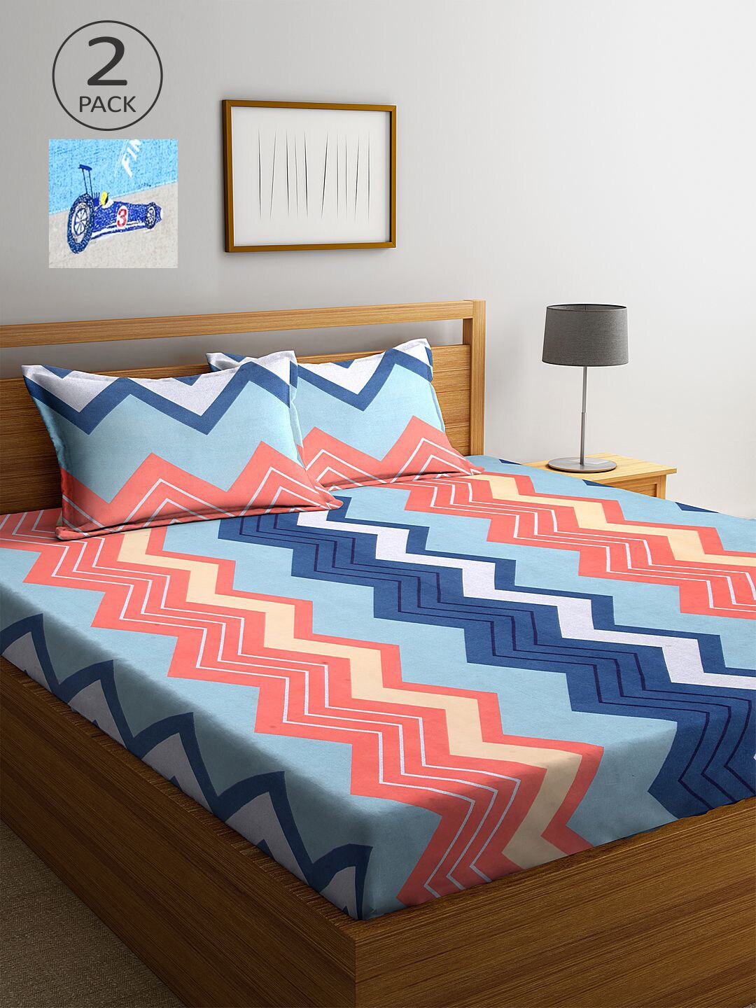 

KLOTTHE Blue & Peach-Coloured Geometric 210 TC 2 King Bedsheet with 4 Pillow Covers