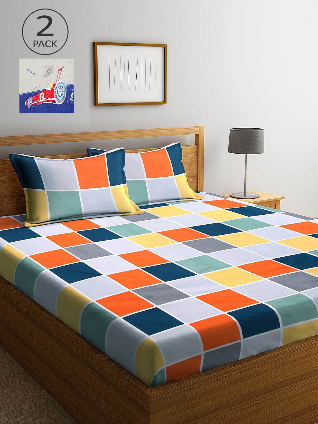 

KLOTTHE Blue & Orange Geometric 210 TC 2 King Bedsheet with 4 Pillow Covers