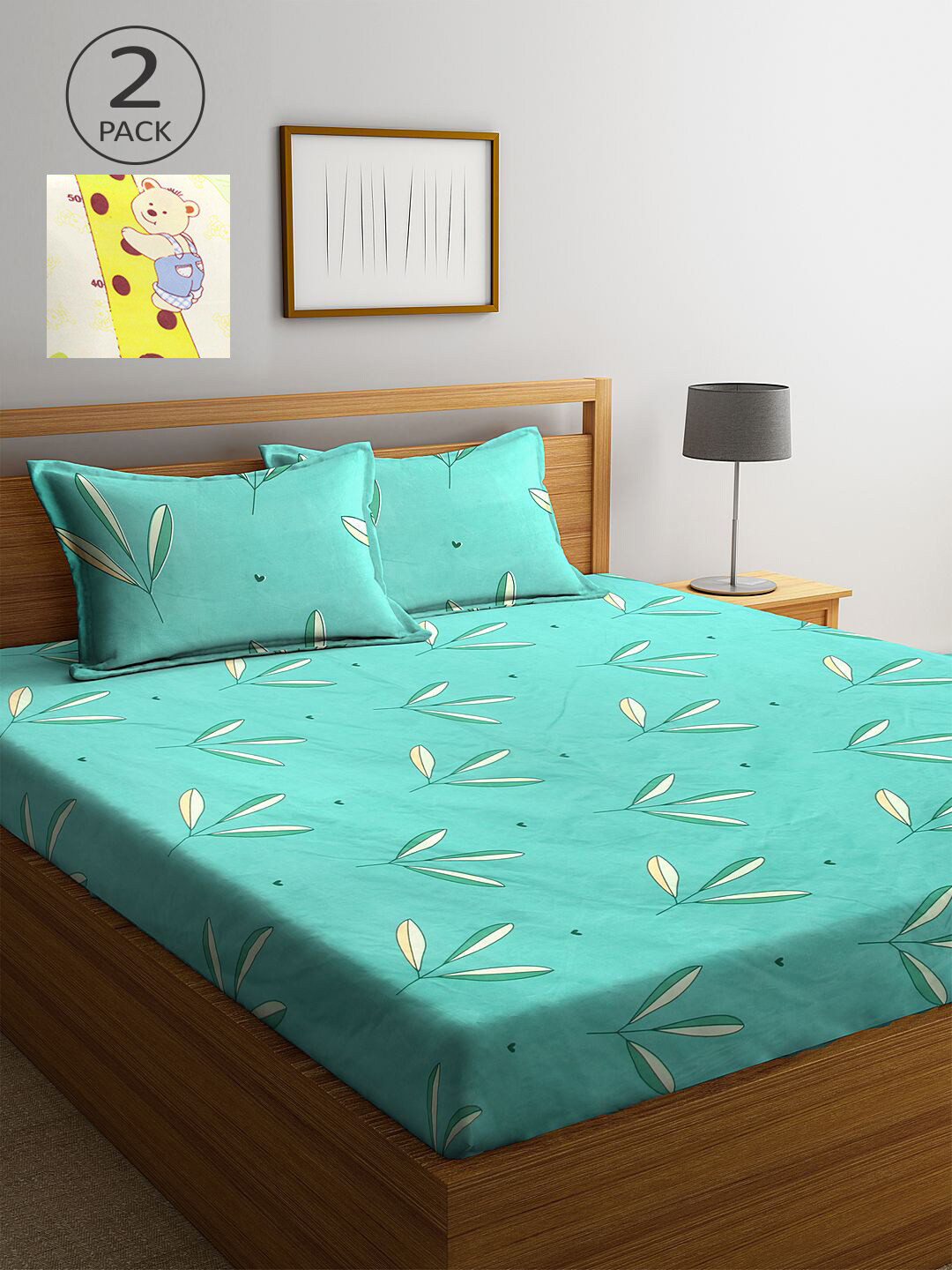 

KLOTTHE Green & Cream-Coloured Floral 210 TC 2 King Bedsheet with 4 Pillow Covers