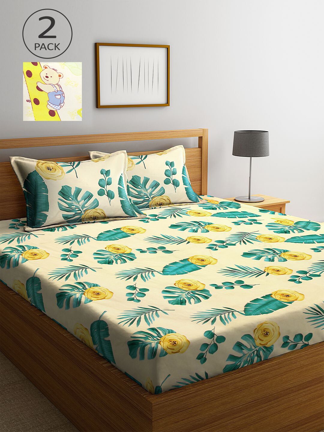 

KLOTTHE Set Of 2 Beige & Yellow Floral 210 TC King Bedsheet with 4 Pillow Covers