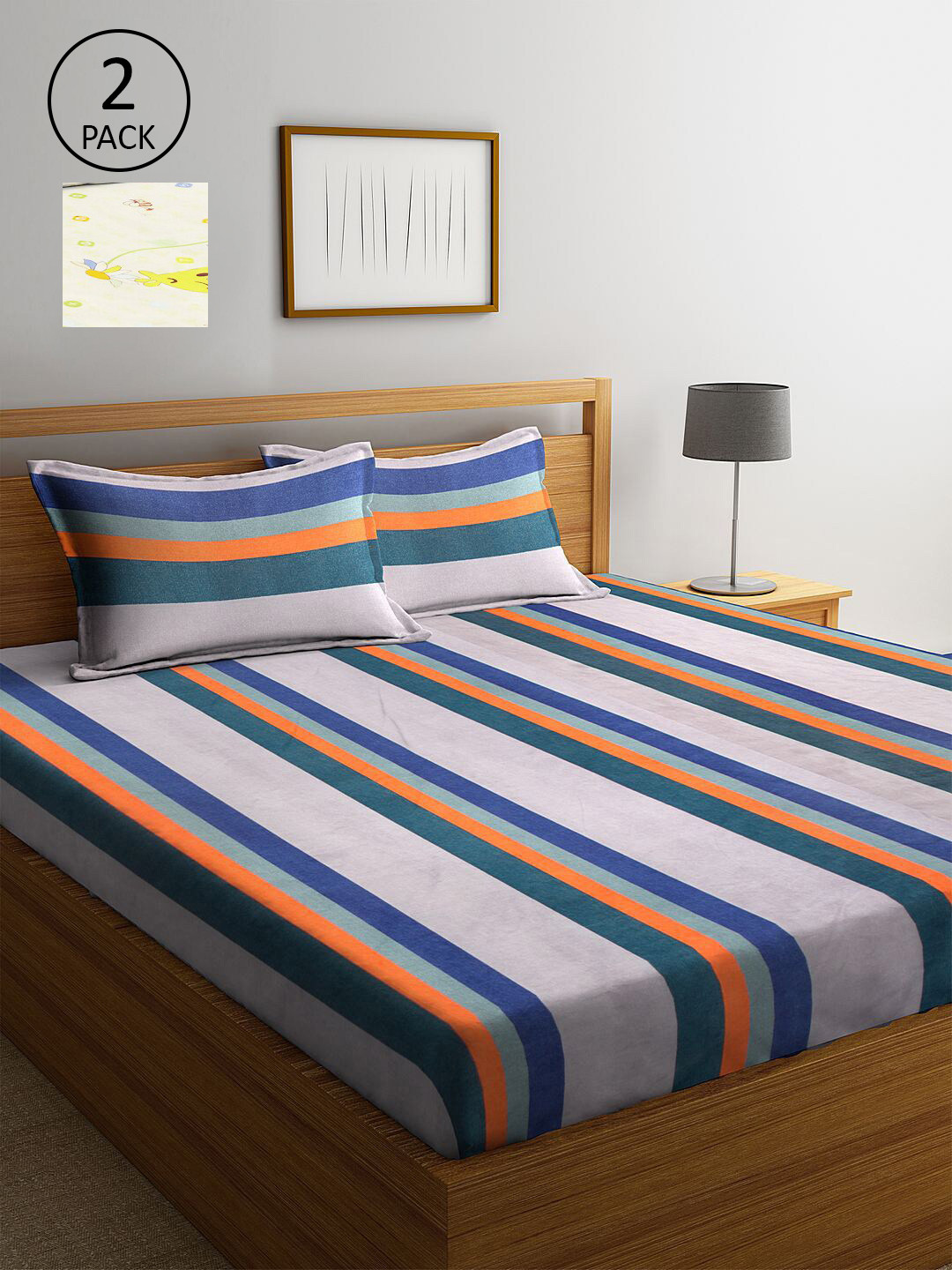 

KLOTTHE Grey & Cream-Coloured Striped 210 TC 2 King Bedsheet with 4 Pillow Covers