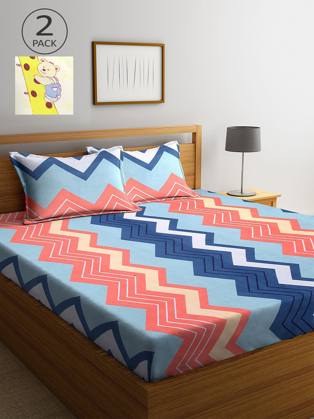 

KLOTTHE Blue & Yellow Geometric 210 TC 2 King Bedsheet with 4 Pillow Covers