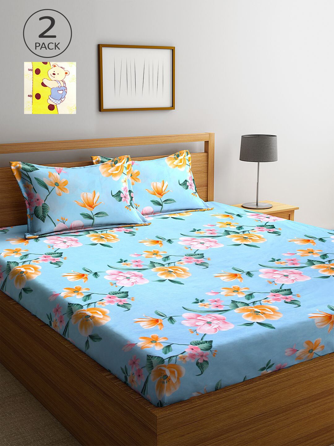

KLOTTHE Blue & Yellow Floral 210 TC 2 King Bedsheet with 4 Pillow Covers
