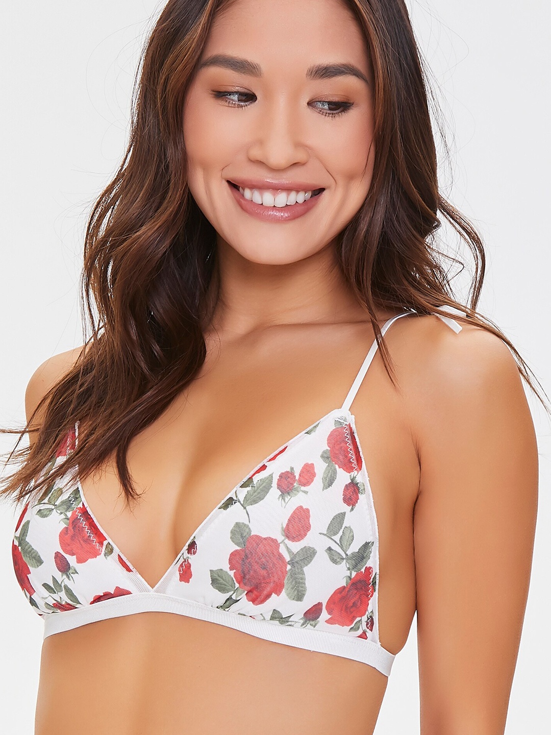 

FOREVER 21 White & Red Floral Bra Lightly Padded