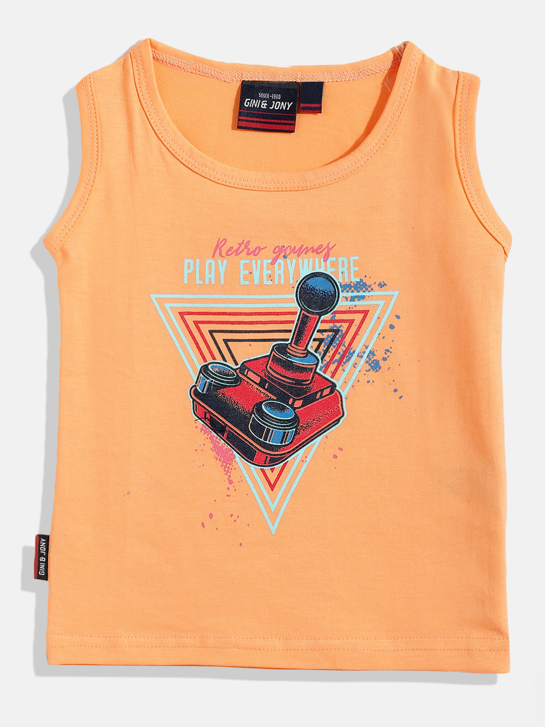

Gini and Jony Boys Coral Orange & Blue Printed Pure Cotton T-shirt