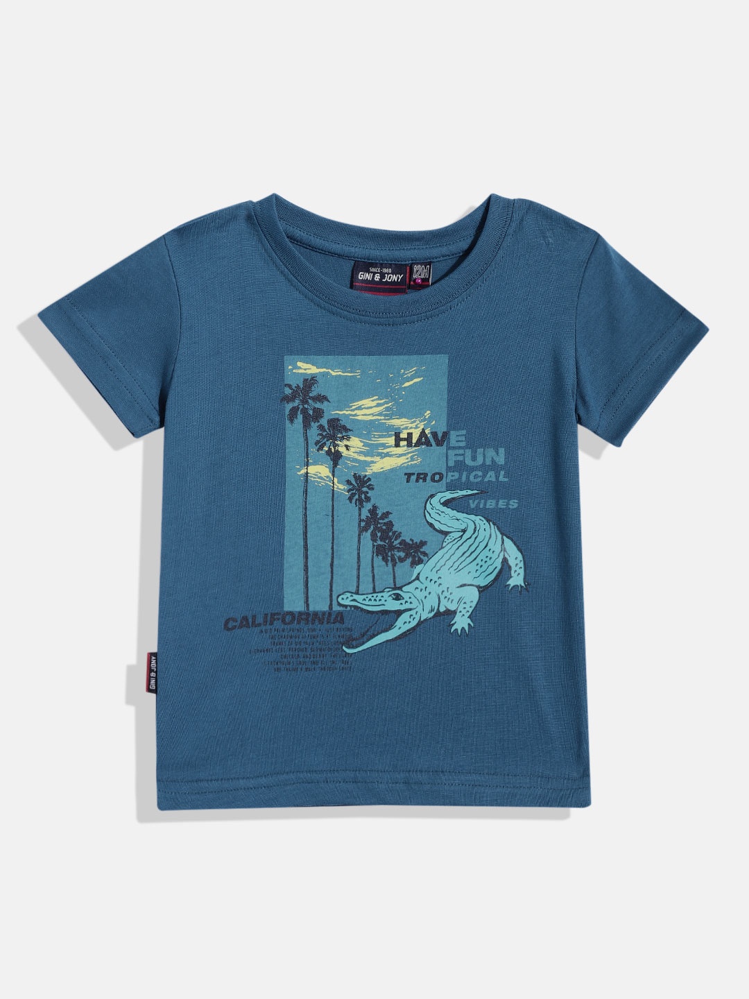 

Gini and Jony Infant Boys Teal Blue & Yellow Tropical Printed Cotton T-shirt