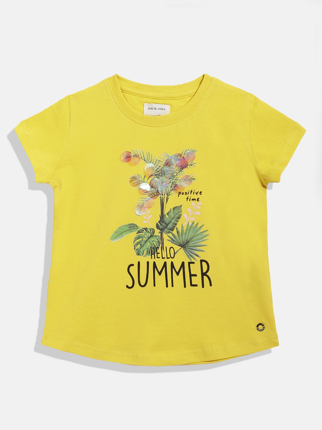 

Gini and Jony Girls Yellow & Green Printed Pure Cotton T-shirt