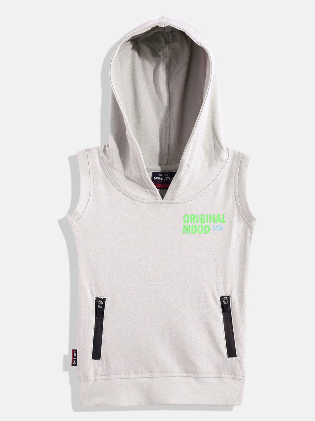 

Gini and Jony Infant Boys Grey & Green Back Graphic Printed Hooded Cotton T-shirt