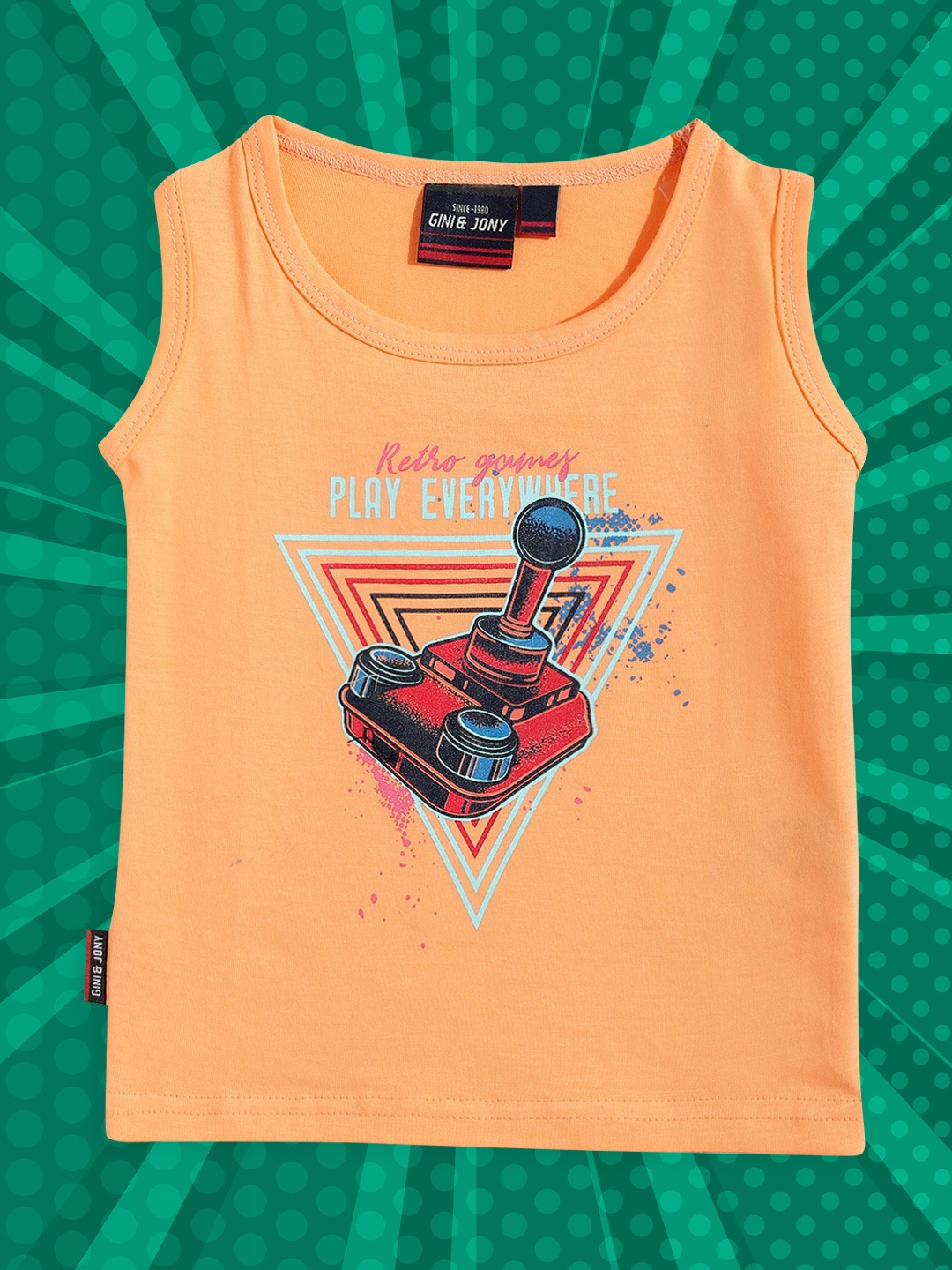 

Gini and Jony Boys Coral Orange & Blue Printed Pure Cotton T-shirt