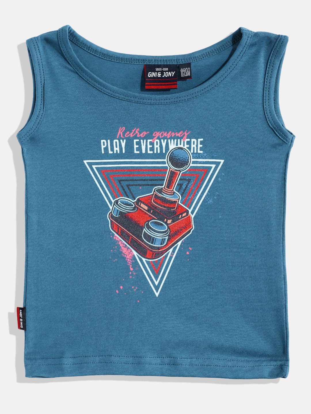 

Gini and Jony Infant Boys Teal Blue & Red Graphic Printed Cotton T-shirt