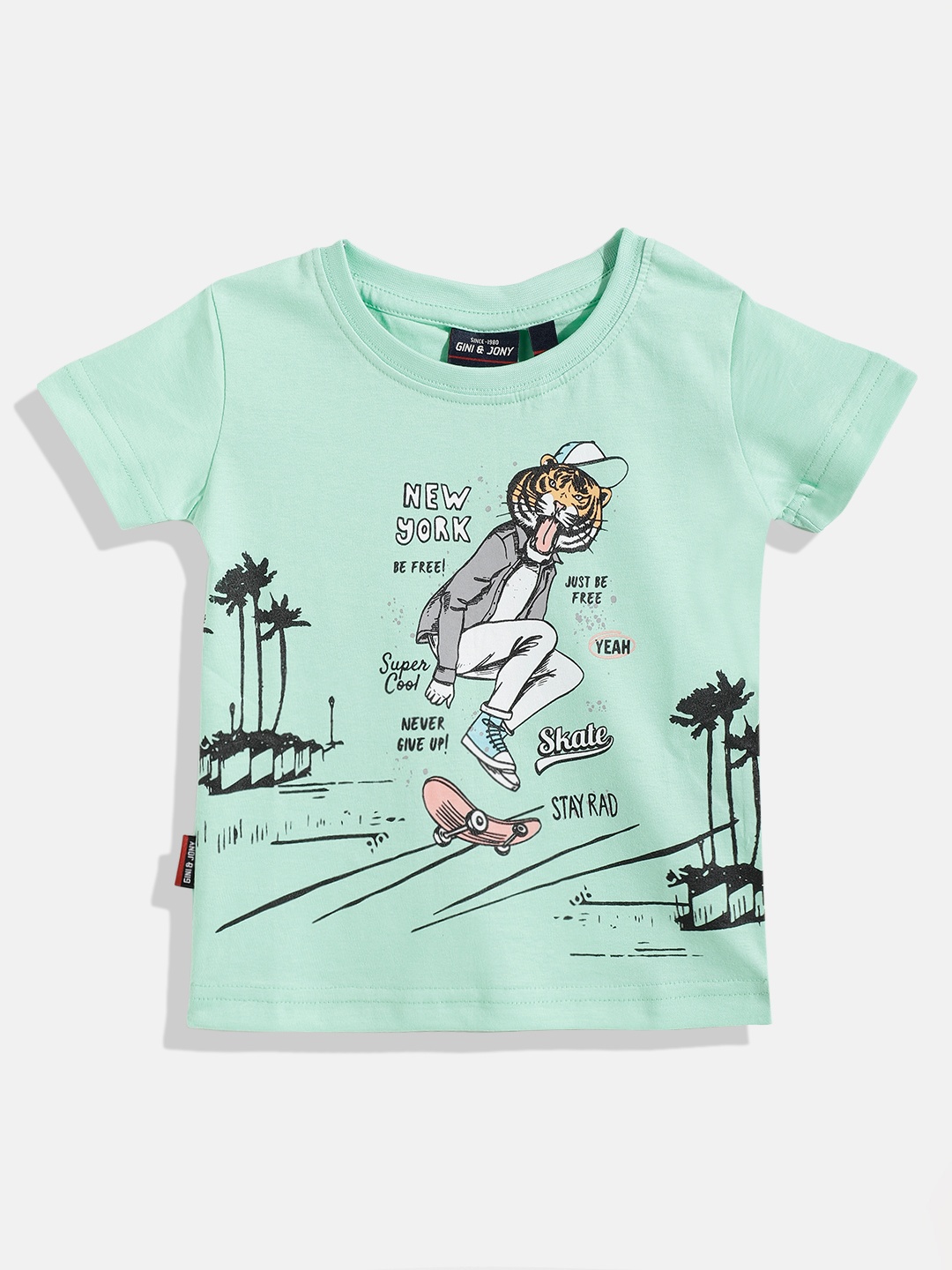 

Gini and Jony Infant Boys Sea Green & Black Printed Pure Cotton T-shirt
