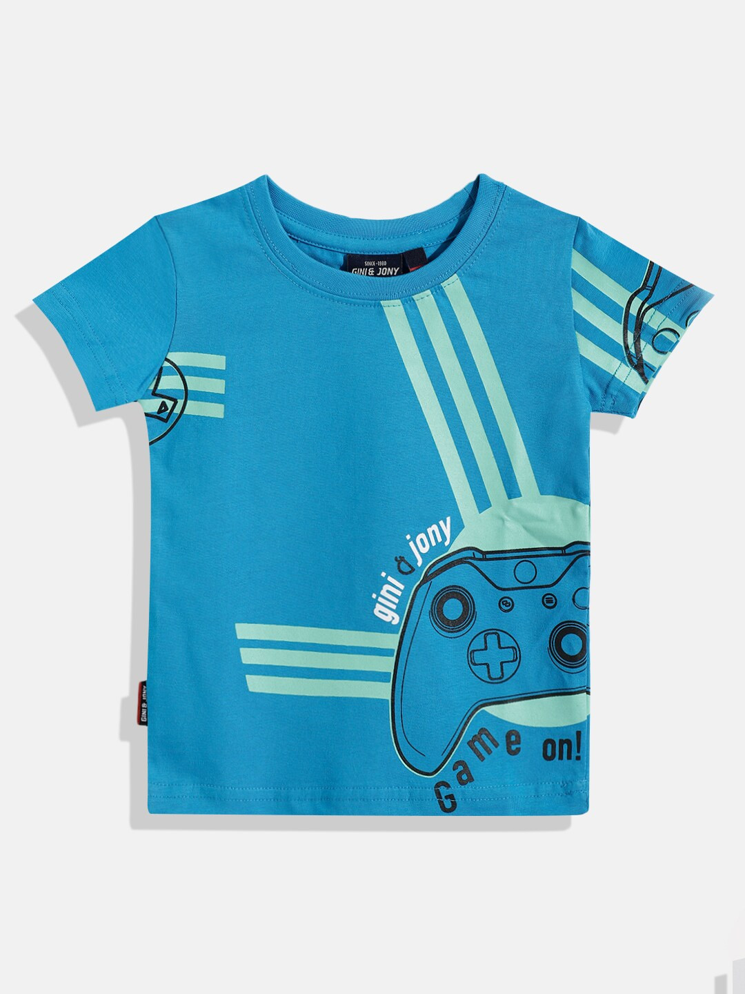 

Gini and Jony Boys Blue & Sea Green Brand Logo Printed Pure Cotton T-shirt