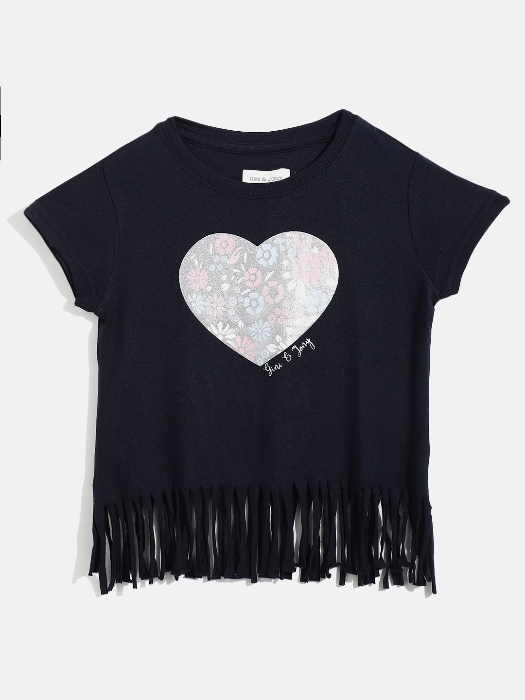 

Gini and Jony Girls Navy Blue & Silver Heart Print Fringed Top