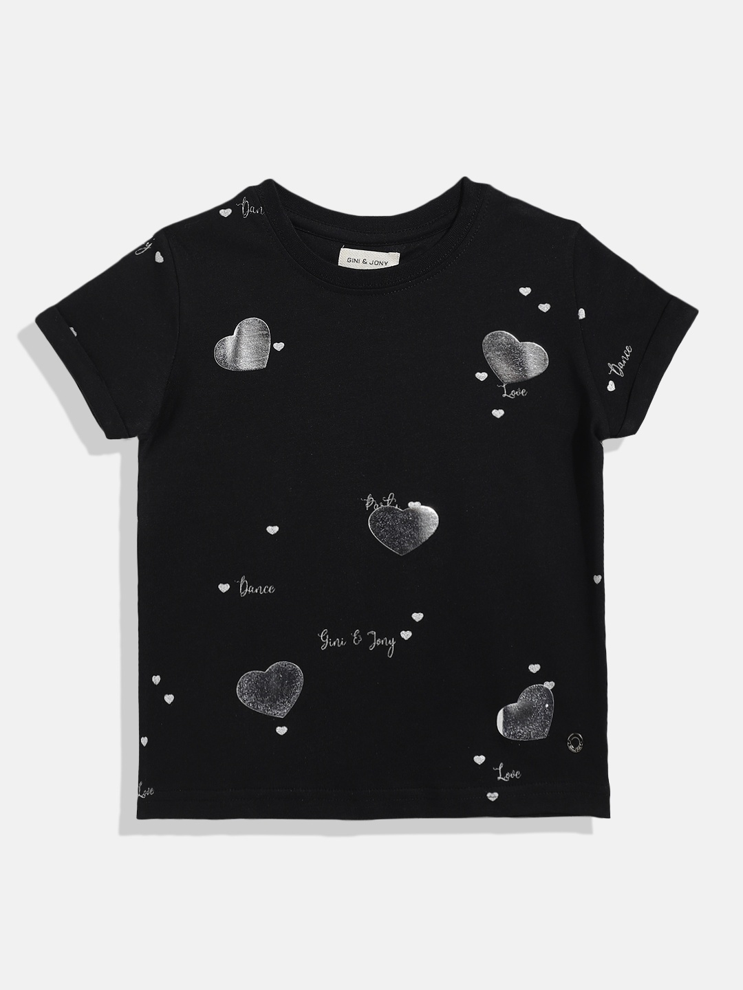 

Gini and Jony Girls Black & Silver Heart Print Pure Cotton T-shirt