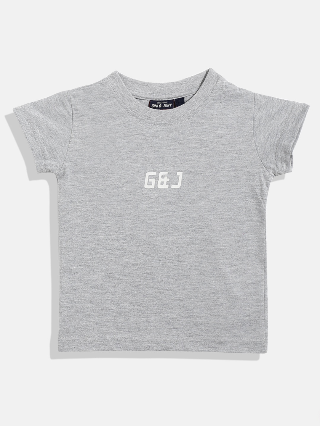 

Gini and Jony Boys Grey Melange & White Brand Logo Printed Pure Cotton T-shirt