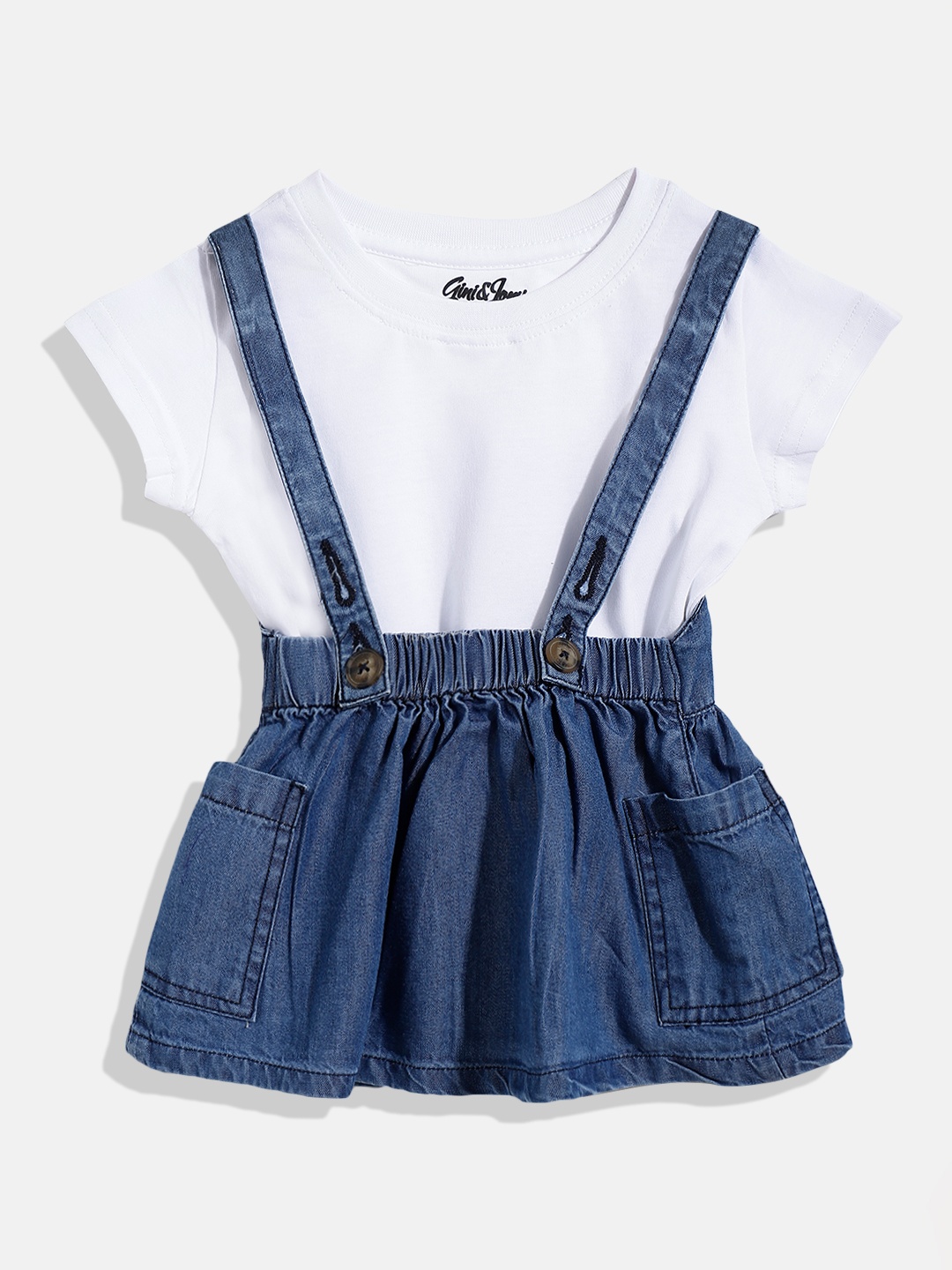 

Gini and Jony Girls Blue & White Solid Pinafore Dress with T-shirt
