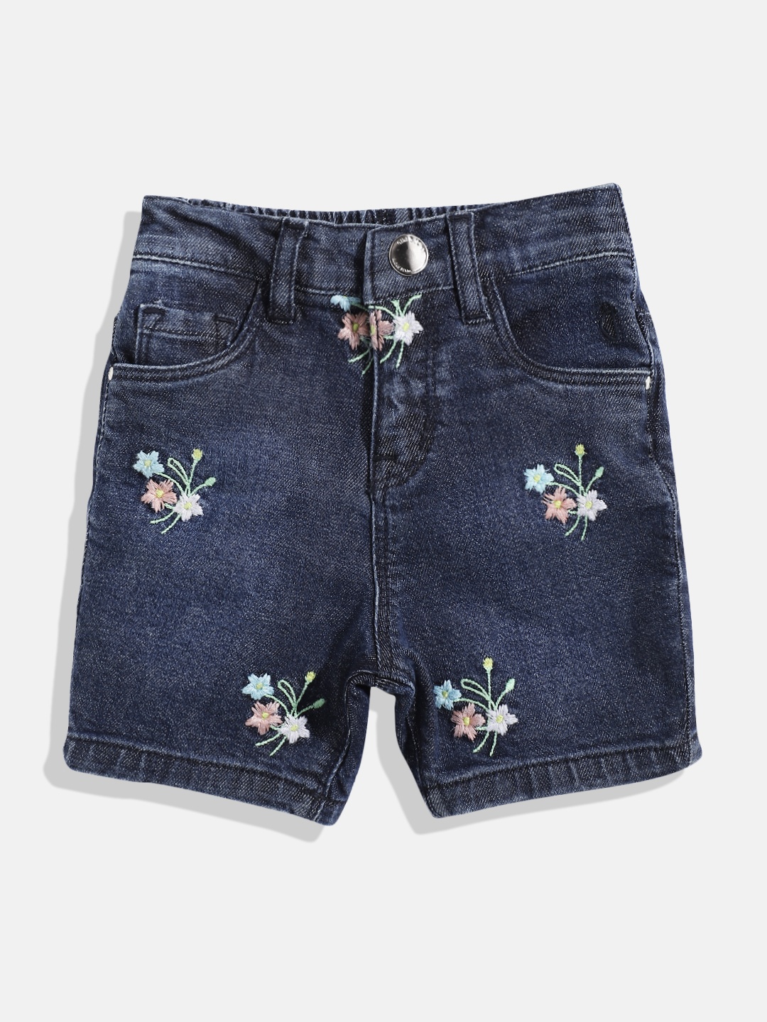 

Gini and Jony Girls Navy Blue & Pink Washed Floral Embroidered Denim Capris