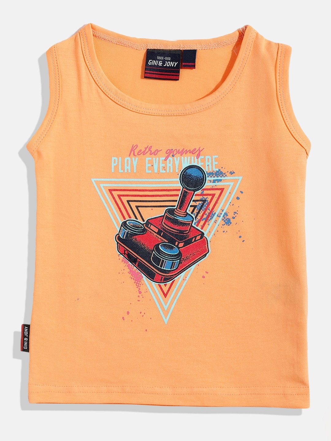 

Gini and Jony Infant Boys Coral Orange & Blue Printed Pure Cotton T-shirt