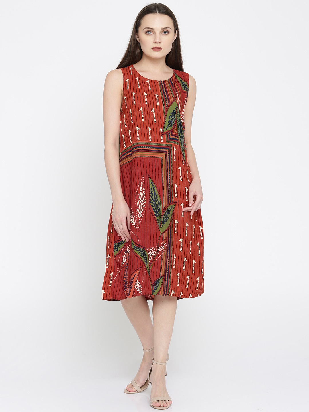 

Global Desi Women Rust Orange Printed A-Line Dress