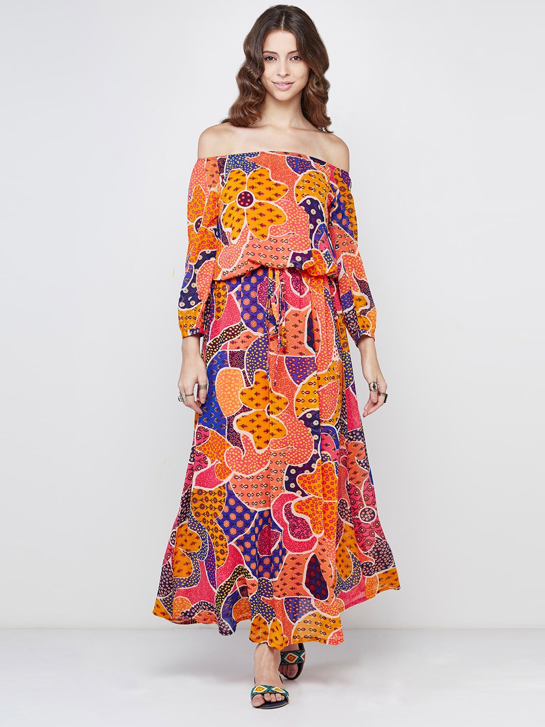 

Global Desi Women Multicoloured Printed Off-Shoulder Maxi Dress, Multi