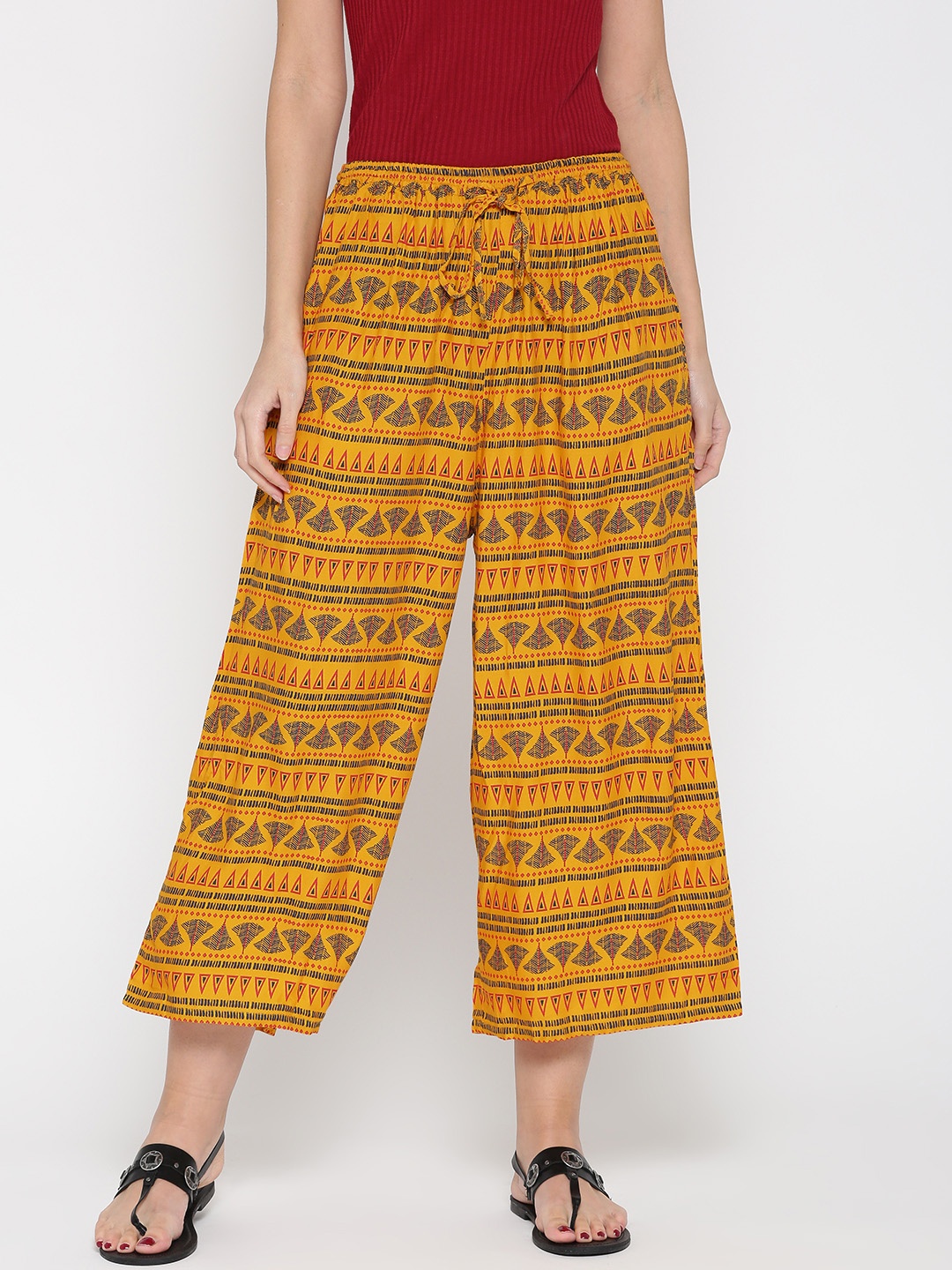 

Global Desi Mustard Yellow Printed Cropped Palazzo Trousers