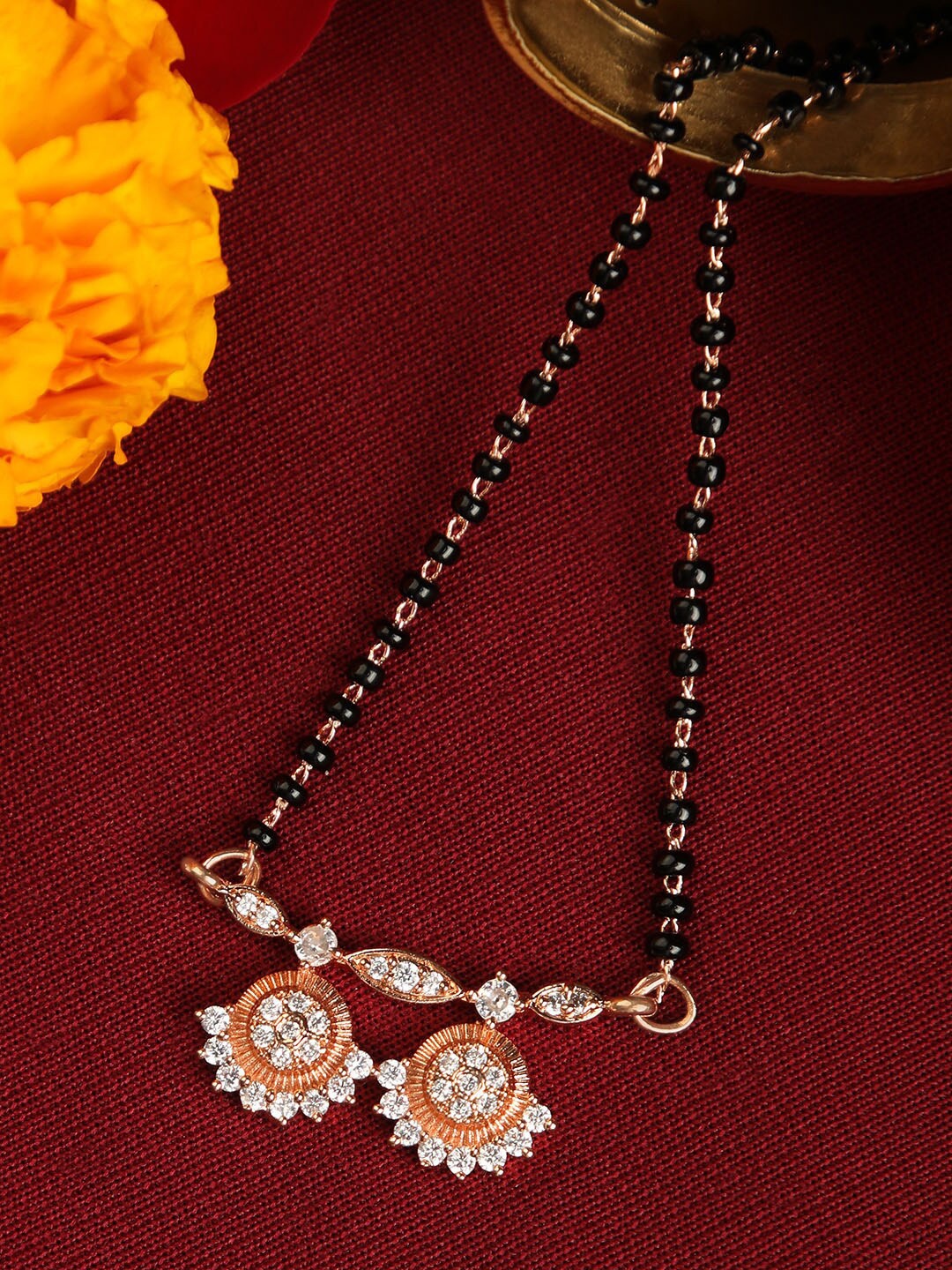 

ZINU Rose Gold-Plated Pink & Black CZ-Studded & Beaded Mangalsutra