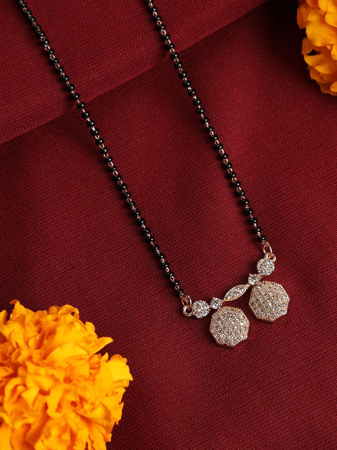 

ZINU Women Rose Gold-Plated White CZ Studded & Black Beaded Mangalsutra