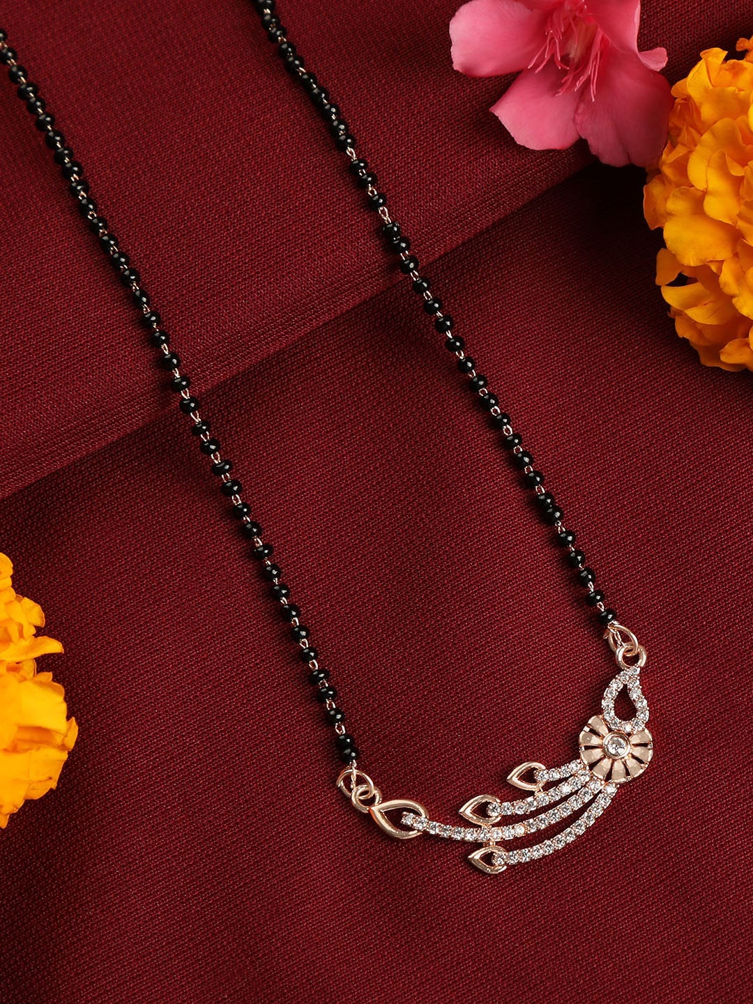 

ZINU Women Rose-Gold Plated White CZ Studded & Black Beaded Mangalsutra