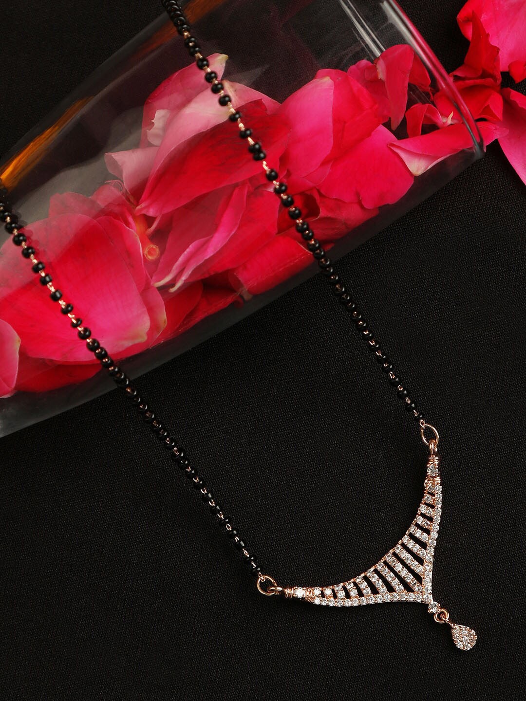 

ZINU Rose Gold-Plated White & Black CZ-Studded & Beaded Mangalsutra
