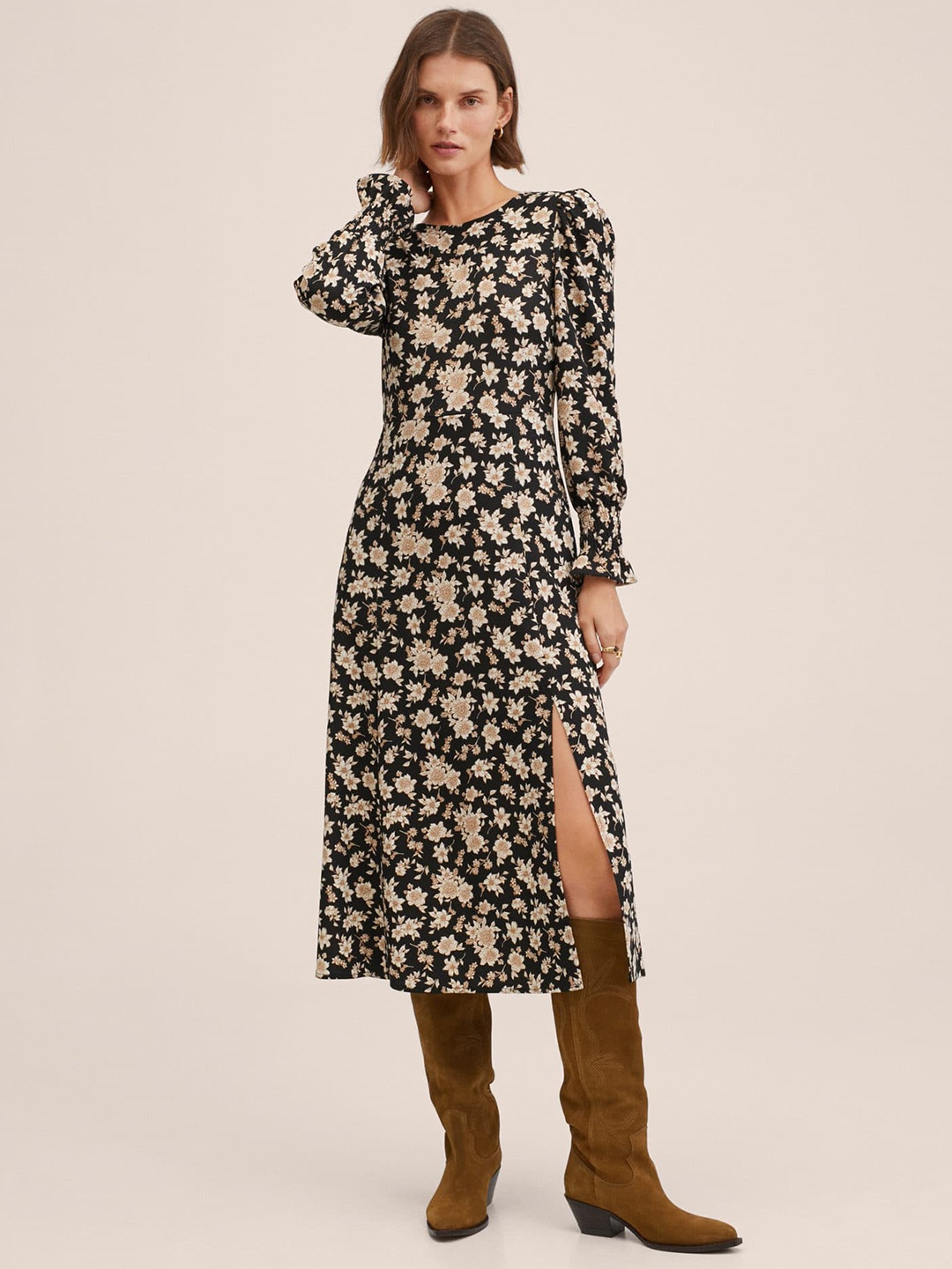 

MANGO Black & Beige Floral A-Line Midi Dress