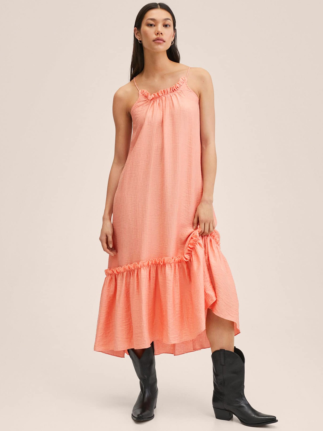 

MANGO Peach-Coloured A-Line Midi Dress