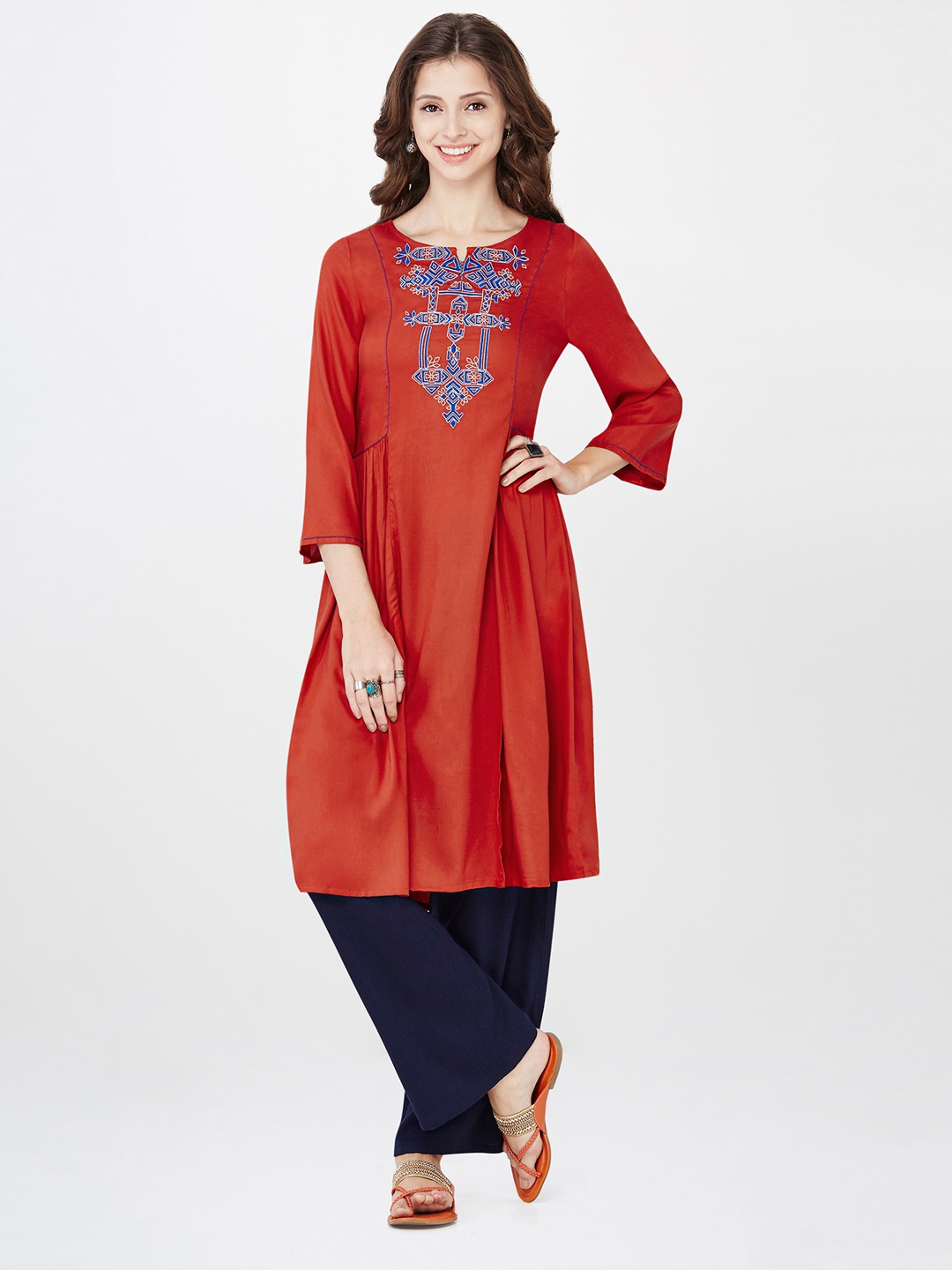 

Global Desi Women Red Printed A-Line Kurta