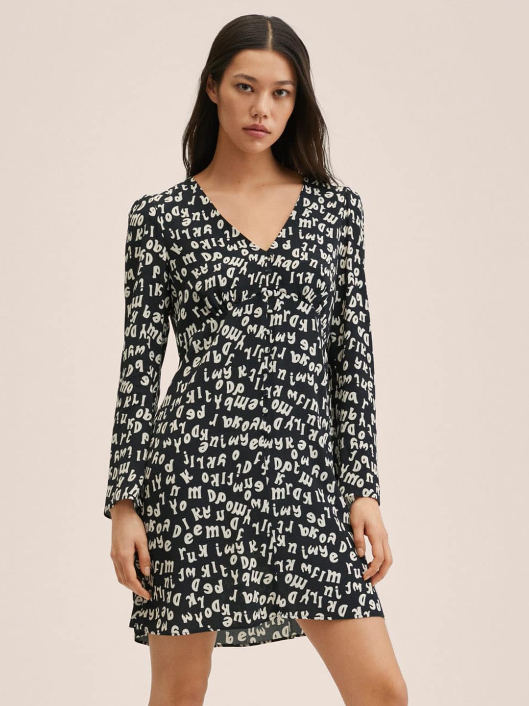 

MANGO Black & White Printed A-Line Dress