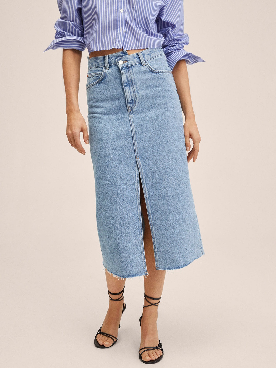 

MANGO Blue Solid Straight Midi Denim Skirt