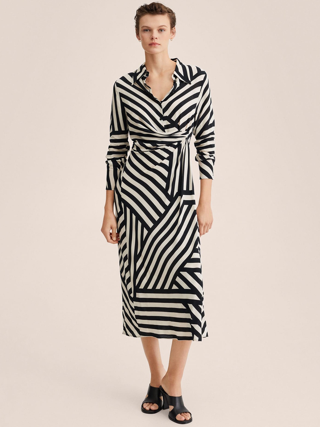 

MANGO Navy Blue & White Striped A-Line Midi Dress
