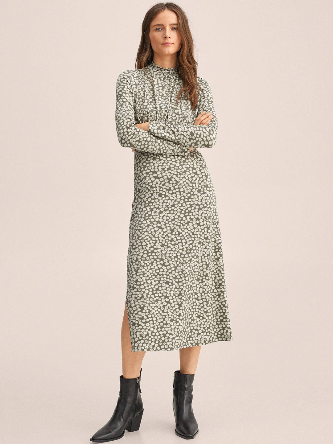 

MANGO Olive Green & Off White Floral Print Sheath Midi Dress
